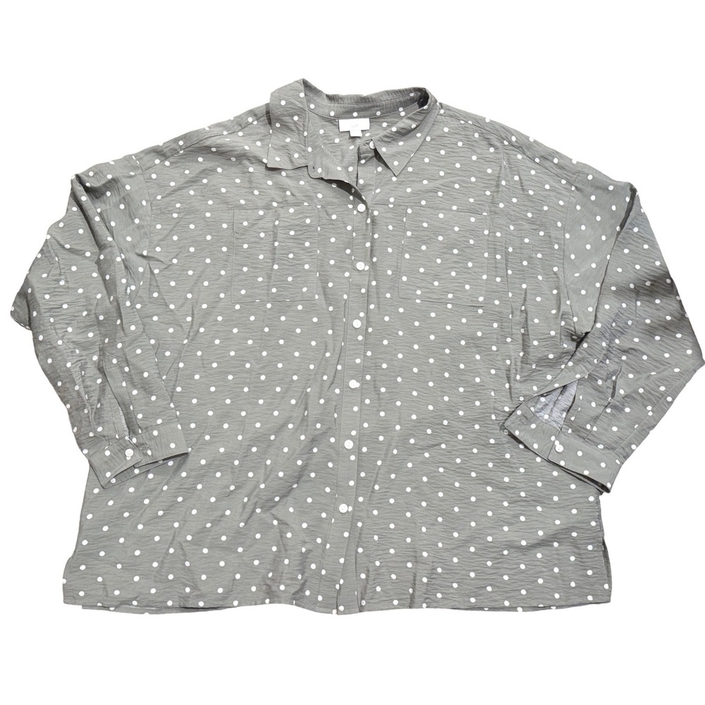 J. Jill Olive Green Polka Dot Button Down Shirt Viscose Blend XL Long Sleeve